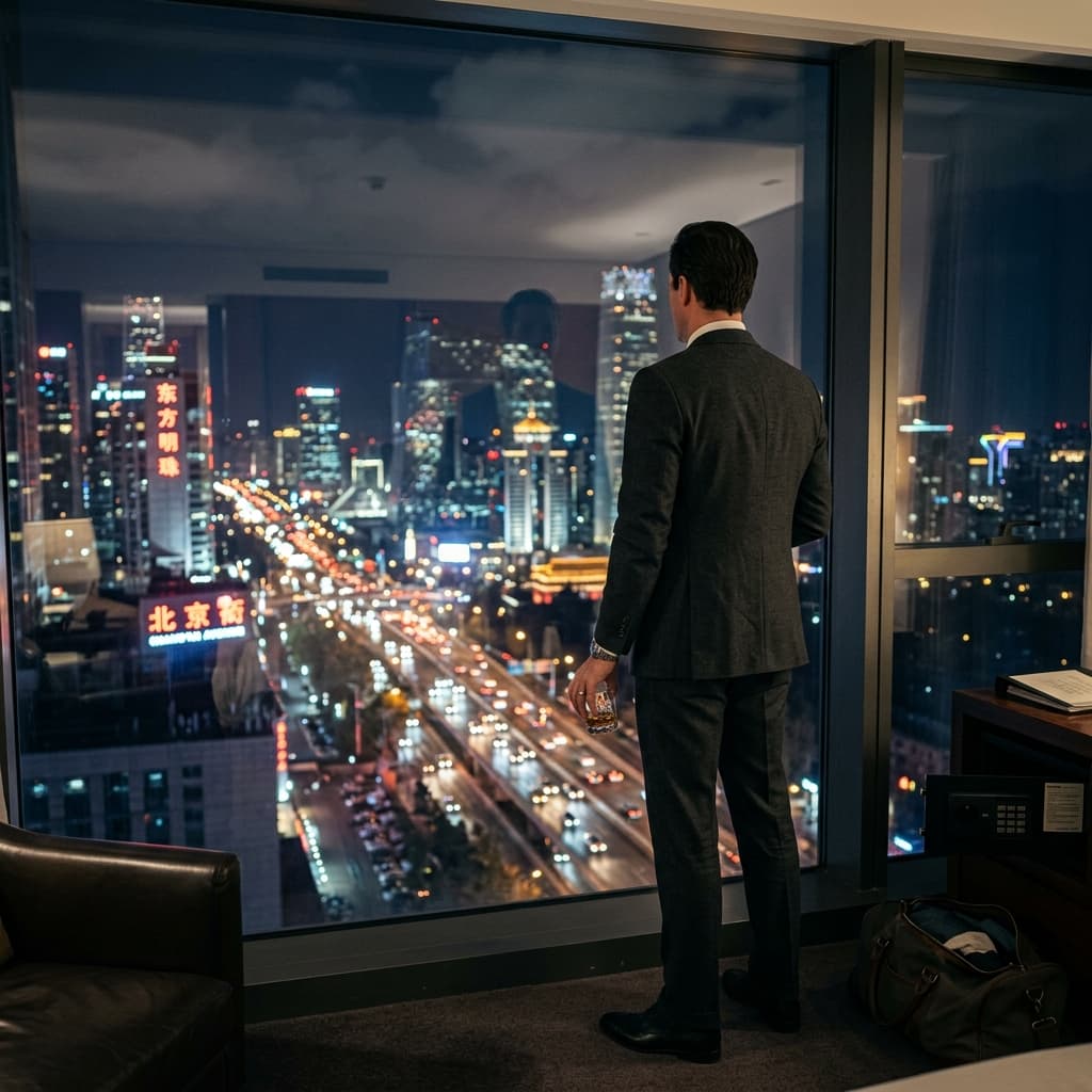 Homem em terno cinza observa as luzes de Pequim através da janela de um quarto de hotel à noite.