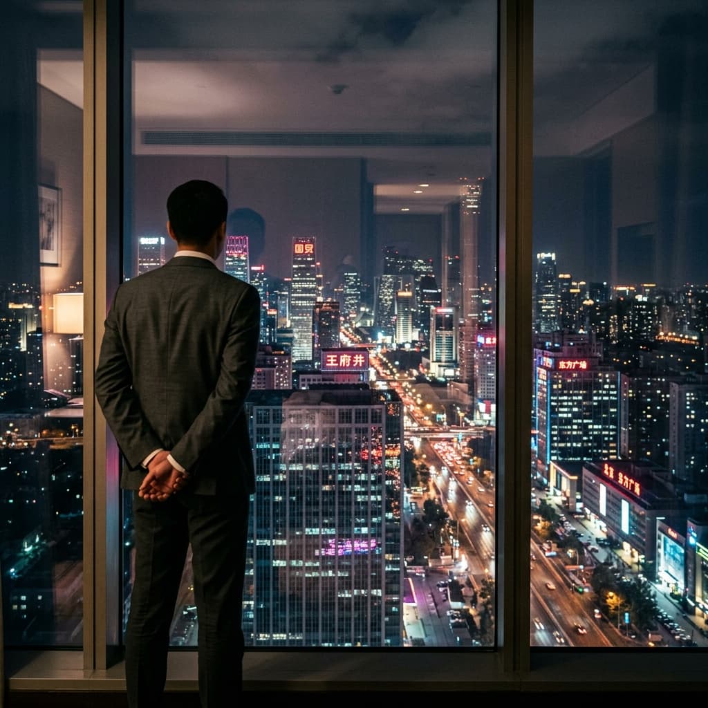 Homem em terno cinza observa as luzes de Pequim através da janela de um quarto de hotel à noite.