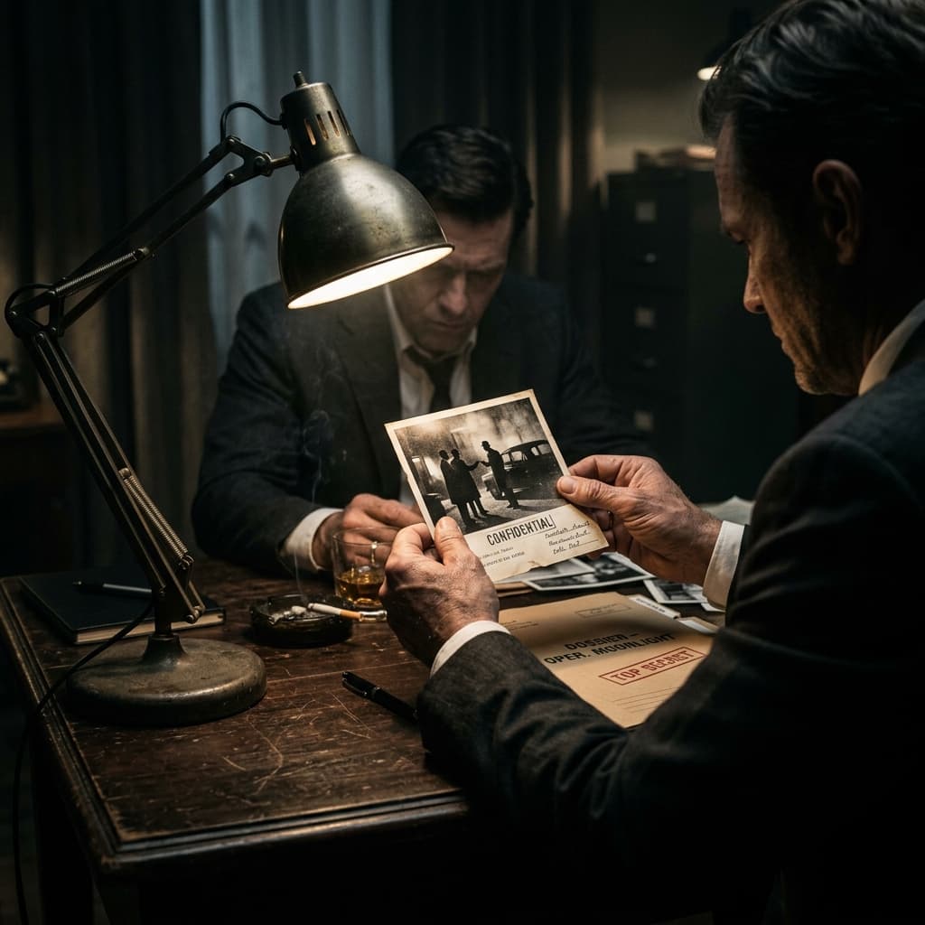 Oficial de inteligência examina uma fotografia em preto e branco sob a luz de um abajur.